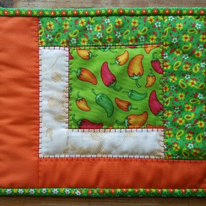 Quilted Mug Rug in Green, Orange and Light Yellow Chili Pepper Fabric Spanish Kitchen Tex Mex Texican large coasters hot pad mug rugs image 1