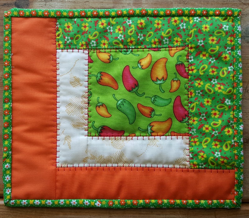 Quilted Mug Rug in Green, Orange and Light Yellow Chili Pepper Fabric Spanish Kitchen Tex Mex Texican large coasters hot pad mug rugs image 1