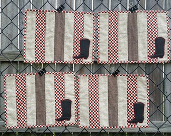 Mug Rugs Cowboy Boot Quilted Mug Rugs Red, Black and Cream Checkerboard Print with Applique Boot