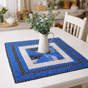 Blue & White Patchwork Table Topper – 26" Square - Farmhouse, Cottage