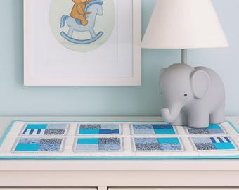 Quilted Baby Boy Table Runner 26 x 14 Light Blue Patchwork Dresser Decor