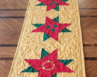 Quilted Christmas table runner or buffet table quilt red gold and green table topper Embroidered Christmas runner quilt 100 percent cotton