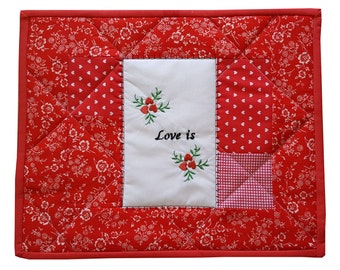 Quilted Lover's Mug Rug,  Candle Mat, Red and White Cotton Fabric with Embroidery Design "Love is"