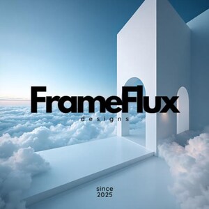 Puede incluir: Un diseño arquitectónico minimalista con el texto "FrameFlux designs since 2025" en negro. La imagen presenta una estructura blanca con aberturas arqueadas, una plataforma y un fondo de nubes y cielo azul.
