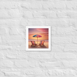 Impresión digital de atardecer tropical / Sillas de playa en la orilla / Póster relajante en el océano