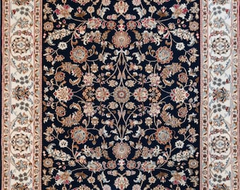 Hand Knotted Persian Style Rug Navy Blue Wool Rug Floral Oriental Area Rug Handmade Traditional Carpet Custom Size