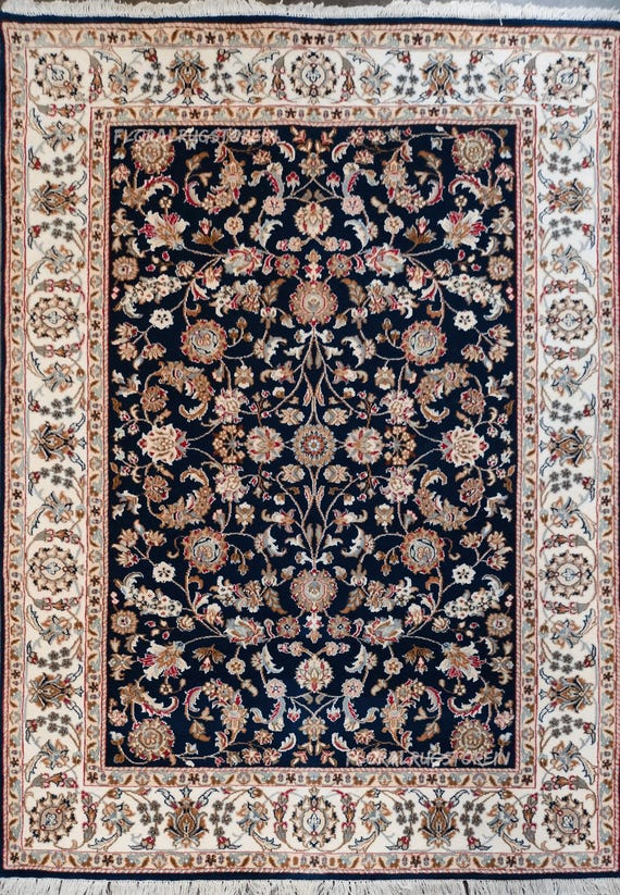 Hand Knotted Persian Style Rug Navy Blue Wool Rug Floral Oriental Area Rug Handmade Traditional Carpet Custom Size
