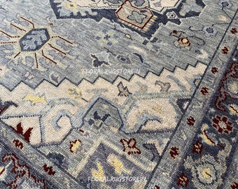 Hand Knotted Wool Oushak Rug: 8x10 Blue Beige Vintage Carpet | Oriental Living Room Decor
