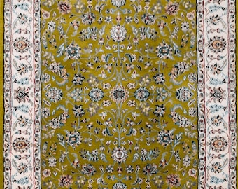 Hand Knotted Olive Green Persian Rug: Floral Wool Carpet