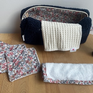Beauty case in spugna + salviette lavabili, kit zero rifiuti per donna, trousse per il trucco, regalo ecologico, fatto a mano.