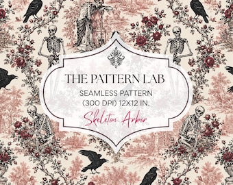 Skeleton Seamless Pattern,  Graveyard Toile de Jouy Scrapbook Paper, Gothic Textile Design (Digital Download)