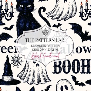 Puede incluir: Un patrón sin costuras con gatos negros, fantasmas blancos, murciélagos, telarañas, sombreros de bruja y candelabros sobre fondo crema. Texto: THE PATTERN LAB, SEAMLESS PATTERN (300 DPI) 30,48X30,48 CM, Ghost Candlewick. Texturas de tinta oscura.
