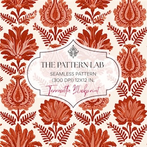 May include: A seamless pattern featuring terracotta-colored floral motifs on a cream background. A central white label displays the text: THE PATTERN LAB, SEAMLESS PATTERN, (300 DPI) 12X12 IN., and Terracotta Blockprint in a script font.