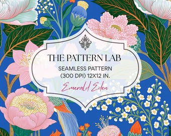 Chinoiserie Bird Seamless Pattern – Blue Pink Botanical Floral Fabric Design (Digital Download)