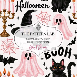 Puede incluir: Un patrón de Halloween sin costuras con fantasmas rosas, gatos negros, murciélagos, telarañas y candelabros dorados con llamas naranjas. Texto: THE PATTERN LAB, SEAMLESS PATTERN, (300 DPI) 30,48X30,48 CM, Ghost Quartz, BOOH en letras negras.