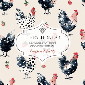 Peut inclure: Motif sans couture avec des illustrations à l'aquarelle de poulets à pois noirs et blancs, crêtes rouges et fraises sur fond crème. Le texte indique "The Pattern Lab, Motif sans couture (300 DPI) 30.5x30.5 cm, Feathered Fields."