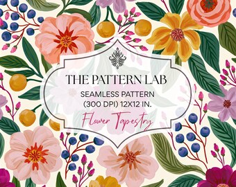 Flower Seamless Pattern, Romantic Folk Botanical Fabric Design & Scrapbooking Paper (Digital Download)