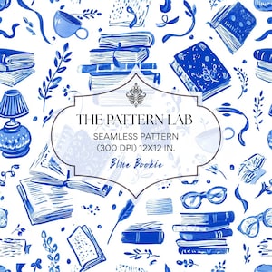 May include: A seamless pattern featuring blue watercolor illustrations of books, reading glasses, teacups, and decorative floral elements on a white background. The text "THE PATTERN LAB" and "Blue Bookie" are also present.