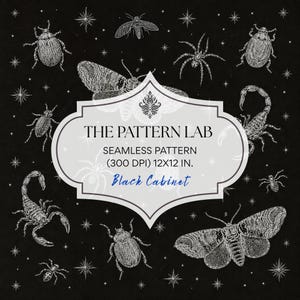 Op de afbeelding: Een zwarte achtergrond met een wit lijnpatroon van diverse insecten, waaronder kevers, motten, spinnen en schorpioenen, afgewisseld met kleine sterren. Een wit label in het midden bevat de tekst THE PATTERN LAB SEAMLESS PATTERN (300 DPI) 12x12 in. Black Cabinet.