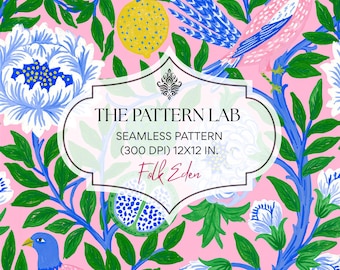 Folk Art Seamless Pattern - Pink Blue Botanical Birds Scrapbook Paper Background (Digital Download)