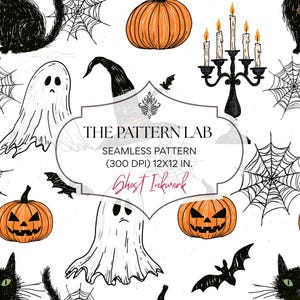Puede incluir: Un patrón sin costuras con ilustraciones en tinta negra de fantasmas, calabazas, murciélagos, telarañas, un sombrero de bruja y un candelabro sobre fondo blanco. Texto: THE PATTERN LAB SEAMLESS PATTERN (300 DPI) 30,48X30,48 CM. Ghost Inkwork.