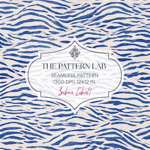 May include: A seamless pattern featuring cobalt blue zebra stripes on a cream background. A central white label displays the text: THE PATTERN LAB, SEAMLESS PATTERN, (300 DPI) 30.48X30.48 CM, and Zebra Cobalt in a decorative script font.
