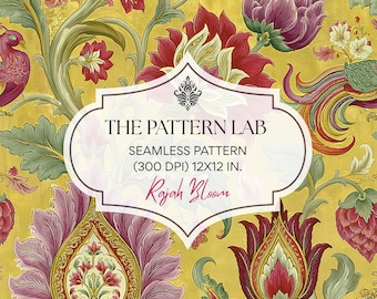 Indian Floral Seamless Pattern - Golden Yellow Botanical Scrapbook Paper Background - Junk Journal (Digital Download)