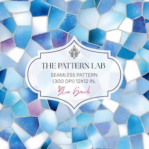 May include: A seamless pattern featuring a mosaic of blue, white, and purple watercolor shapes outlined in thin gold lines. A central white label displays the text: THE PATTERN LAB, SEAMLESS PATTERN, (300 DPI) 12X12 IN., Blue Gaudi.