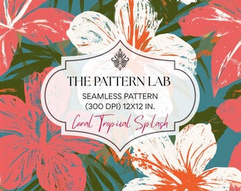 Tropical Hibiscus Seamless Pattern – Coral Teal Hawaiian Fabric Design (Digital Download)