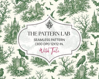 Gothic Halloween Toile Pattern, Witch, Ravens, Bats, Haunted Mansions (Digital Download)
