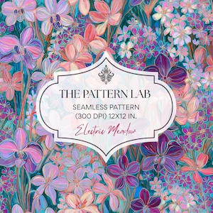 May include: A digital seamless pattern featuring vibrant pink, purple, and teal flowers with a central white label containing the text THE PATTERN LAB, SEAMLESS PATTERN, 300 DPI, 12X12 IN., and Electric Meadow in a script font.