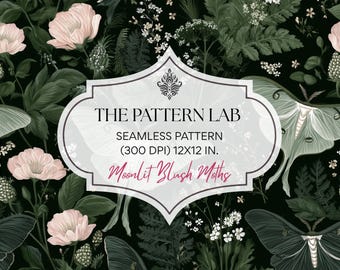 Luna Moth Seamless Pattern - Dark Botanical Fabric Print Design - Moody Floral Decor (Digital Download)