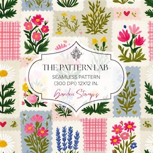 May include: A seamless pattern featuring rectangular postage stamp-style illustrations of various garden flowers, greenery, and pink gingham checks. A central white label displays the text: THE PATTERN LAB SEAMLESS PATTERN (300 DPI) 12X12 IN. Garden Stamps.