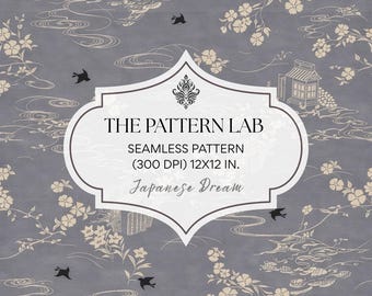 Vintage Japanese Seamless Pattern, Blue Sakura Swallow Design, Authentic Traditional Asian Print (Digital Download)