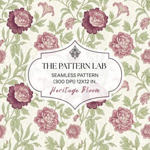 Puede incluir: Patrón floral sin costuras con peonías burdeos y rosas, lirios rosa claro y hojas verdes sobre un fondo crema. El diseño incluye el texto "THE PATTERN LAB" y "Heritage Bloom". El patrón mide 30,48 x 30,48 cm.