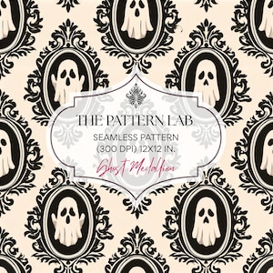 May include: A seamless pattern featuring off-white ghosts centered within ornate black oval frames against a cream background. A central label displays the text THE PATTERN LAB, SEAMLESS PATTERN, 300 DPI, 12X12 IN., and Ghost Medallion.