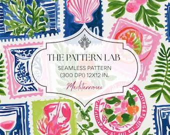 Preppy Mediterranean Seamless Pattern – Coastal Stamp Design (Digital Download)