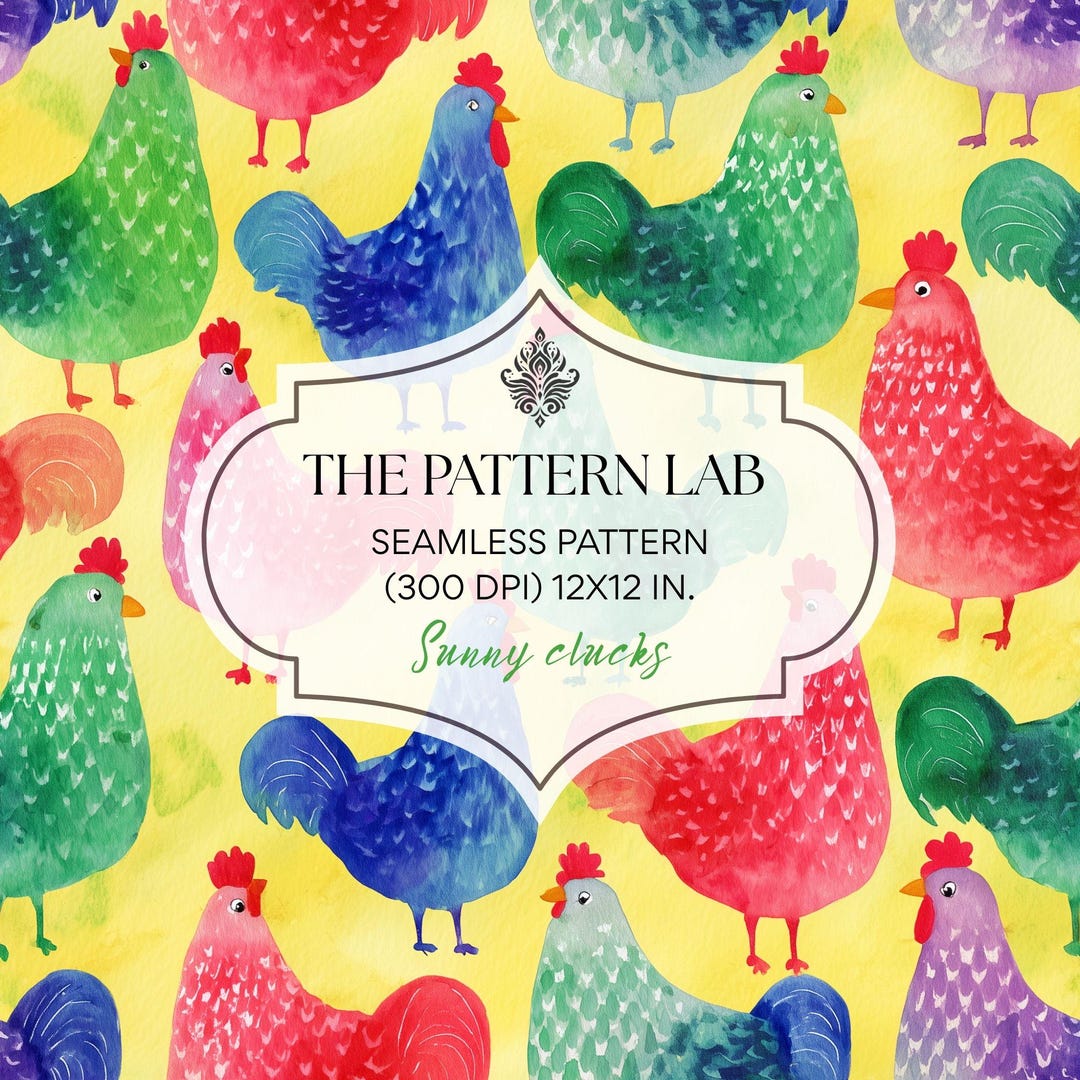 Watercolor Chicken Seamless Pattern – Colorful Roosters, Yellow Farm ...
