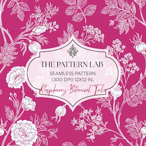 Hallon botaniskt Toile sömlöst mönster – Fuchsia blommigt scrapbookpapper (digital nedladdning)