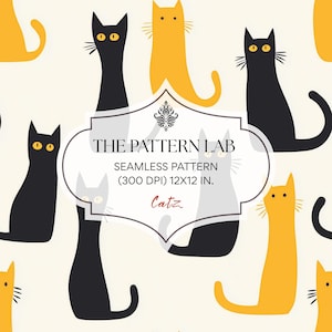 May include: Seamless pattern featuring stylized black and yellow cats on a cream background. The cats have yellow eyes and whiskers. The text "THE PATTERN LAB" and "Catz" are visible.