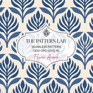 Może przedstawiać: Wzór bezszwowy z ciemnoniebieskimi, stylizowanymi motywami liści na kremowym tle. Centralna biała etykieta zawiera tekst: THE PATTERN LAB, SEAMLESS PATTERN, (300 DPI) 30,48X30,48 CM oraz Flower Arcade wypisane ozdobną czcionką.