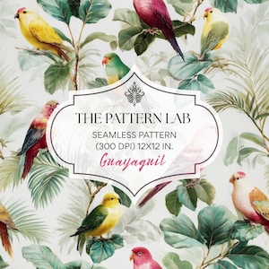 May include: Seamless pattern featuring colorful birds and tropical foliage. The design includes parrots and other birds in shades of yellow, red, green, and pink, set against a backdrop of green leaves. The text "THE PATTERN LAB" is displayed.