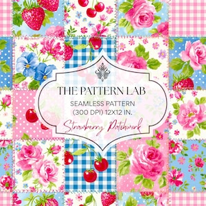Motivo patchwork senza cuciture con fragole - Stampa su tessuto in stile cottagecore rosa e blu - Tessuto floreale (Download digitale)