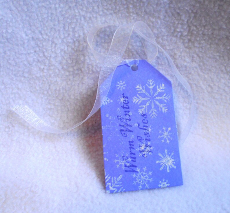 Hand stamped Warm Winter Wishes snowflake gift tags Snowflake gift tags Set of 3 gift tags in blue and white with matching ribbon purple