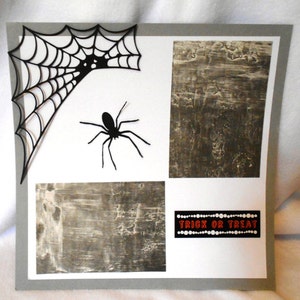 Halloween 12 x 12 Premade Scrapbook page, die cut spider and web, black and white scrapbook layout, trick or treat, DIY Halloween page image 1