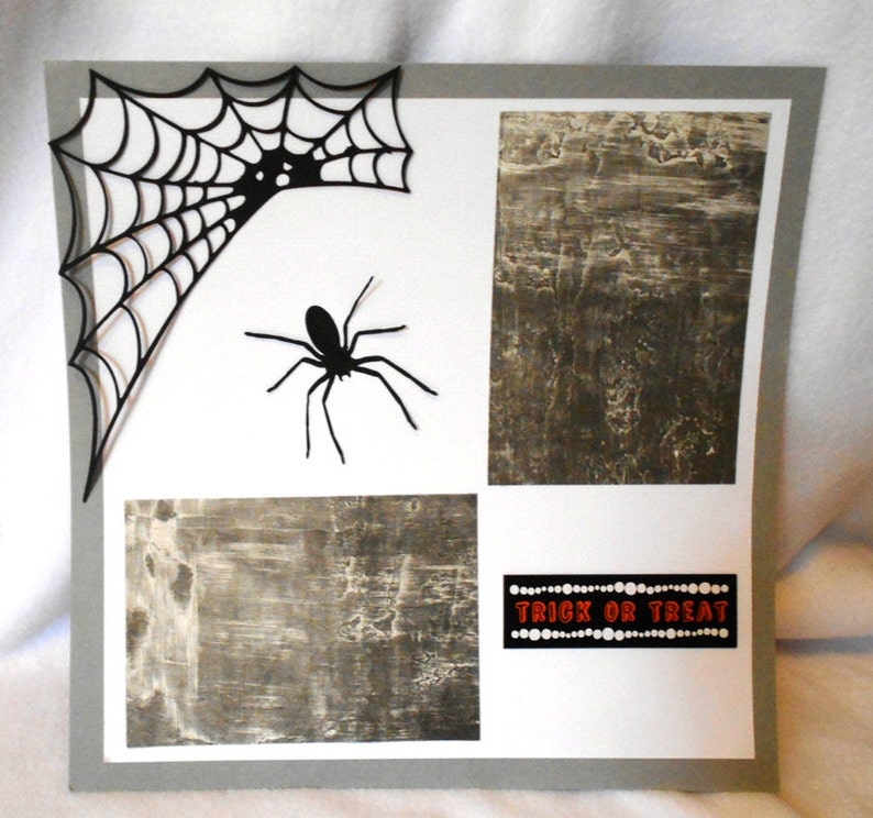 Halloween 12 x 12 Premade Scrapbook page, die cut spider and web, black and white scrapbook layout, trick or treat, DIY Halloween page image 1