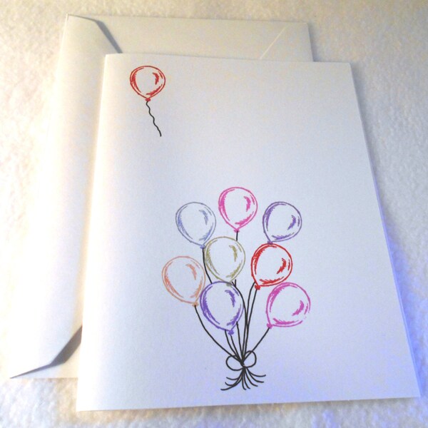 Miss you hand stamped card, balloon bouquet with fly away balloon, white card with envelope
