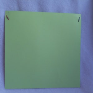 May include: A light green sheet of paper with two small holes in the top right and left corners.