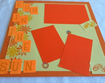 Summer vacation 12 x 12 premade scrapbook page, scrapbook layout, hand stamped, burnt orange color scheme, beach theme, family photo display