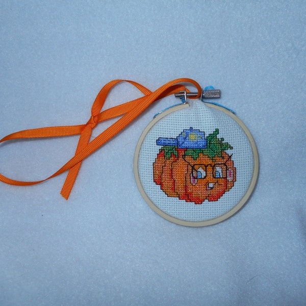 Pumpkin finished cross stitched ornament, wooden frame, orange ribbon, fall pumpkin decoration, unique fall home decor, counted cross stitch